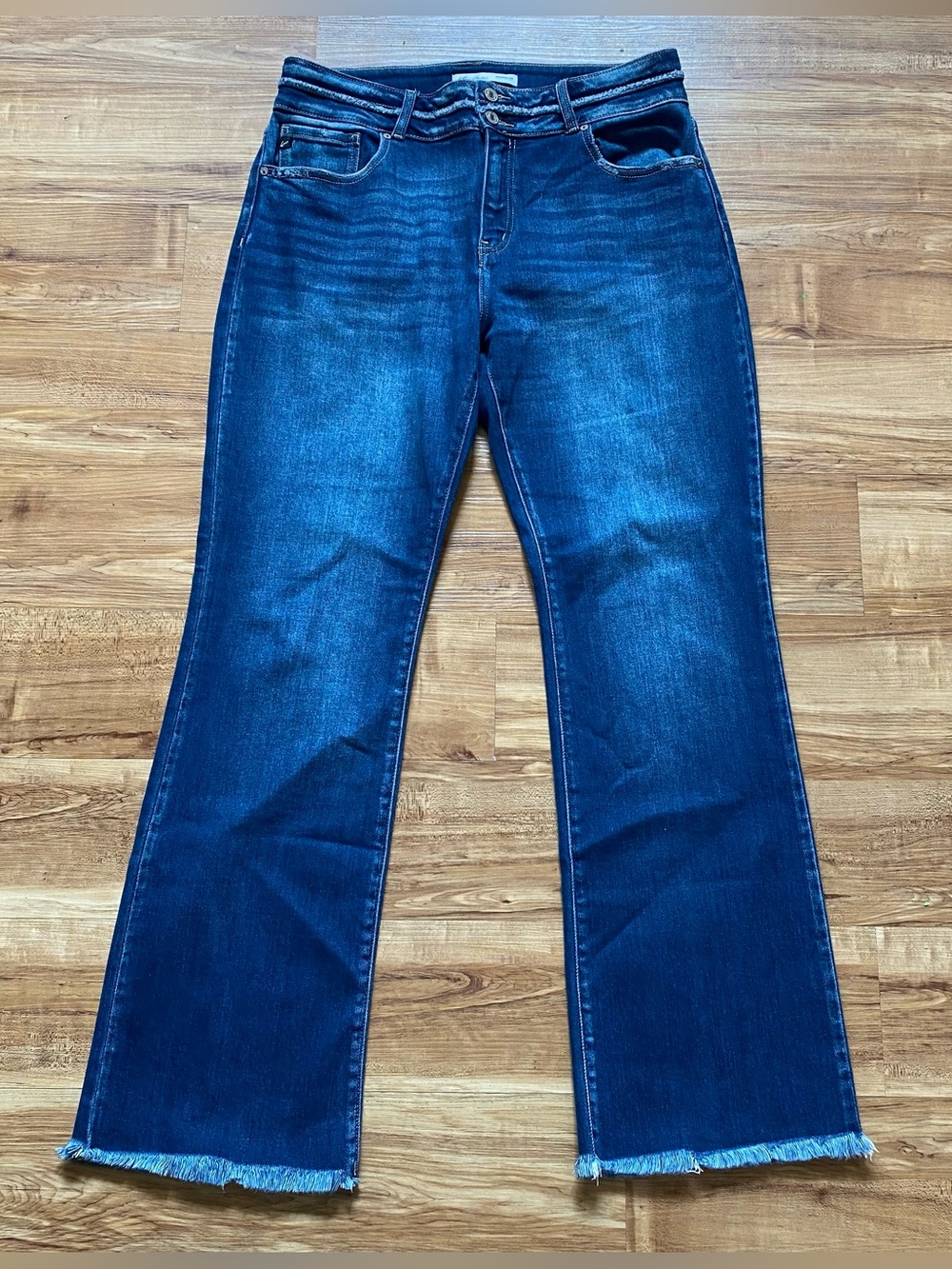 KanCan 31 Dark Blue High-Rise Flare Raw Hem Denim Jeans Stretch 70s Retro Boho